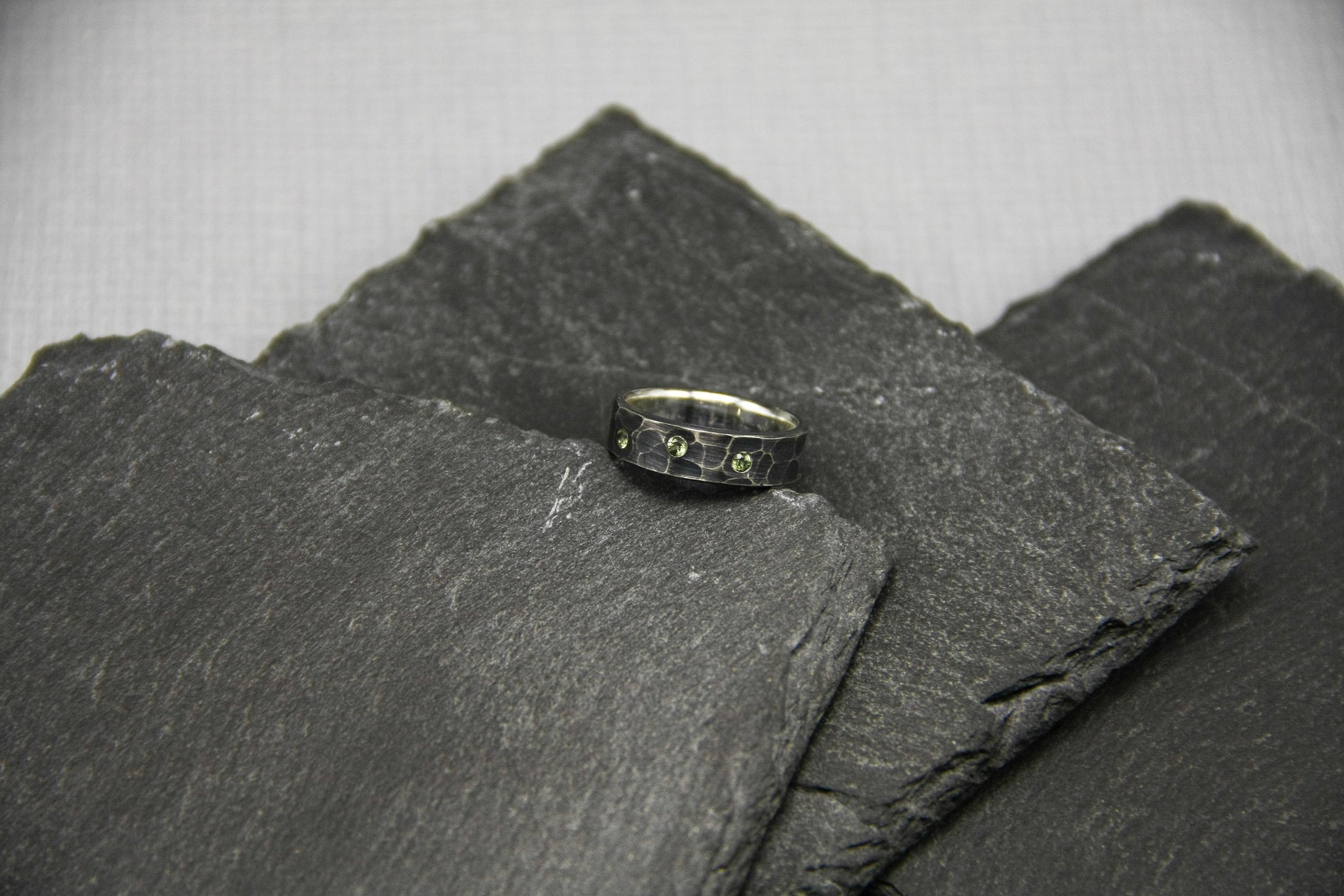 Amethyst wedding ring, unique hammered band, oxidised ring