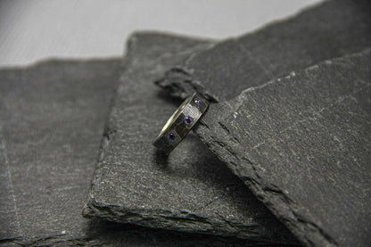 Amethyst wedding ring, unique hammered band, oxidised ring