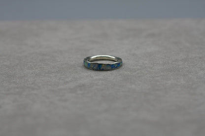 White opal inlay ring, blue opal flake band, unique women wedding ring