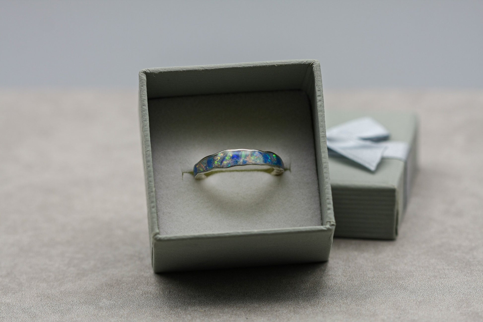 White opal inlay ring, blue opal flake band, unique women wedding ring