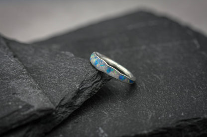 White opal inlay ring, blue opal flake band, unique women wedding ring