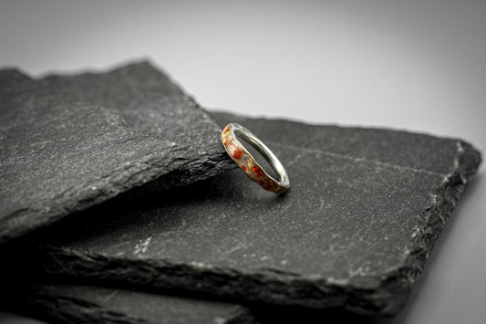 White and red opal ring, opal flake band, unique wedding rings