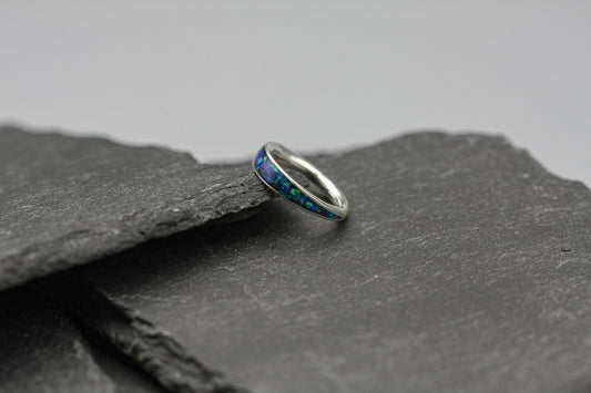 Opal inlay ring, women silver ring, blue opal band