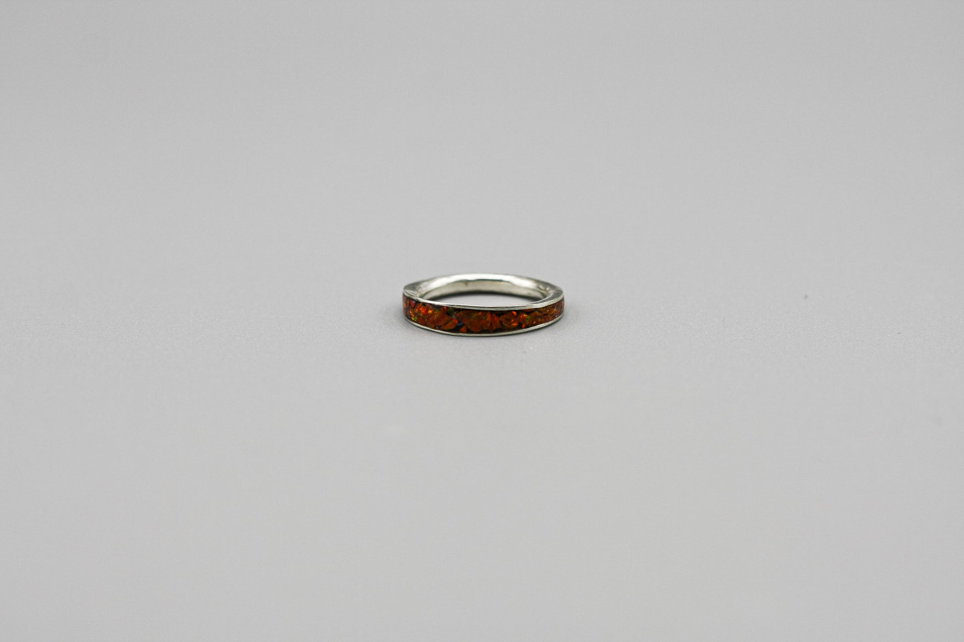 Red opal ring, silver inlay band, unique women wedding ring