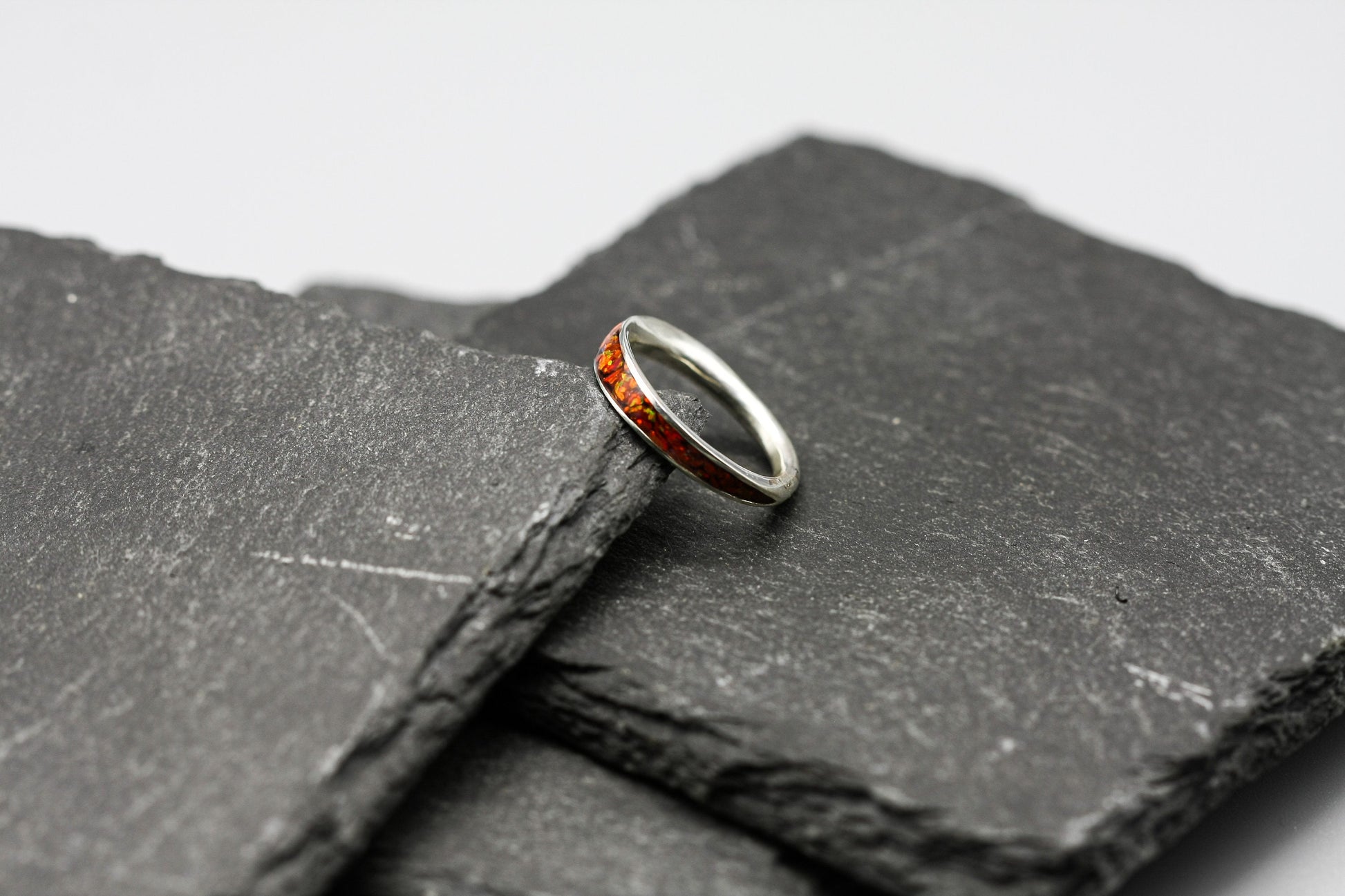 Red opal ring, silver inlay band, unique women wedding ring