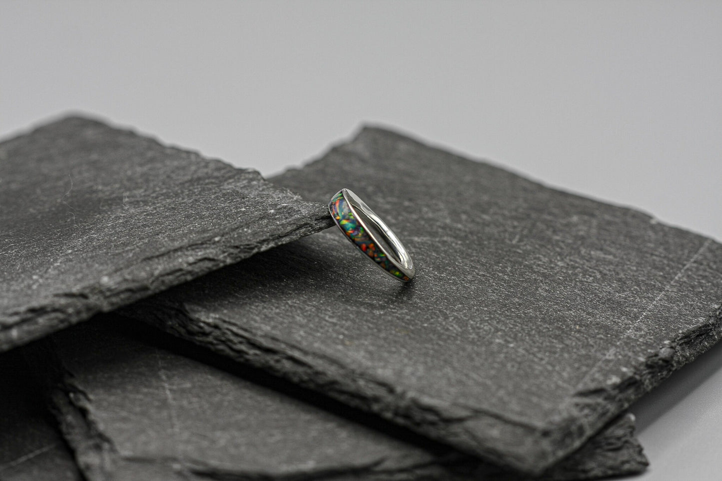 Women opal ring, inlay ring, silver stacking ring