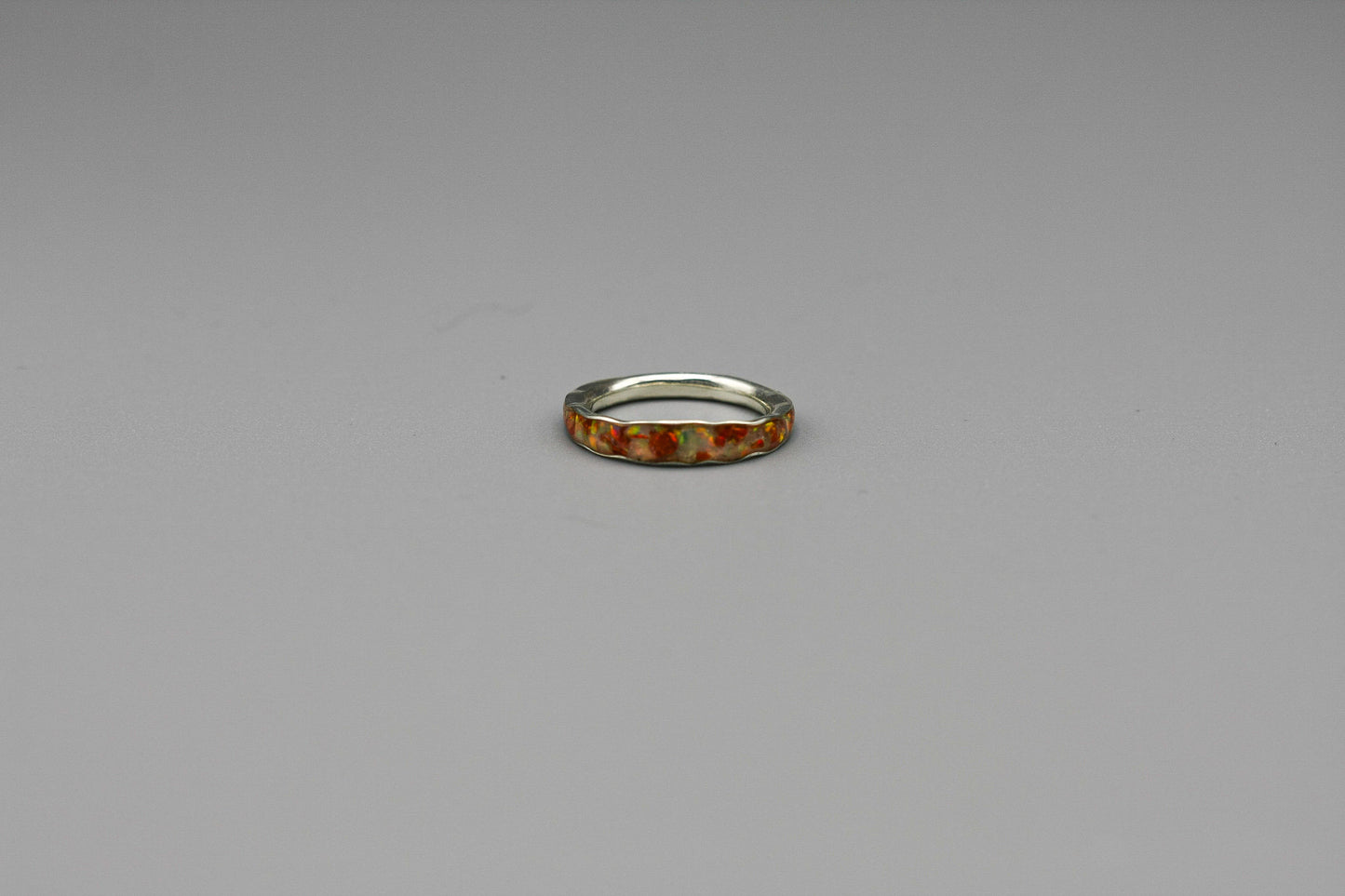 White and red opal ring, opal flake band, unique wedding rings