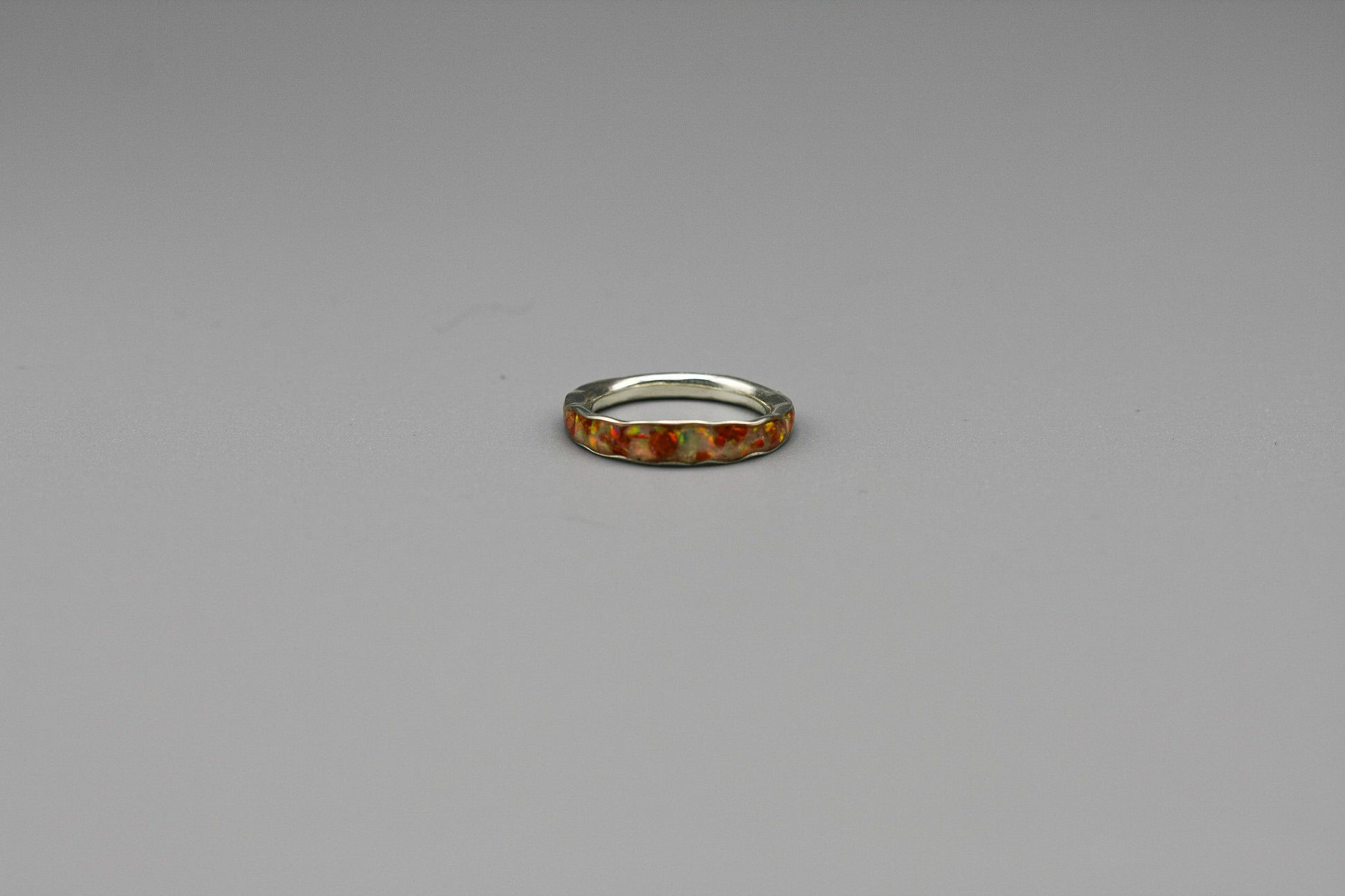 White and red opal ring, opal flake band, unique wedding rings