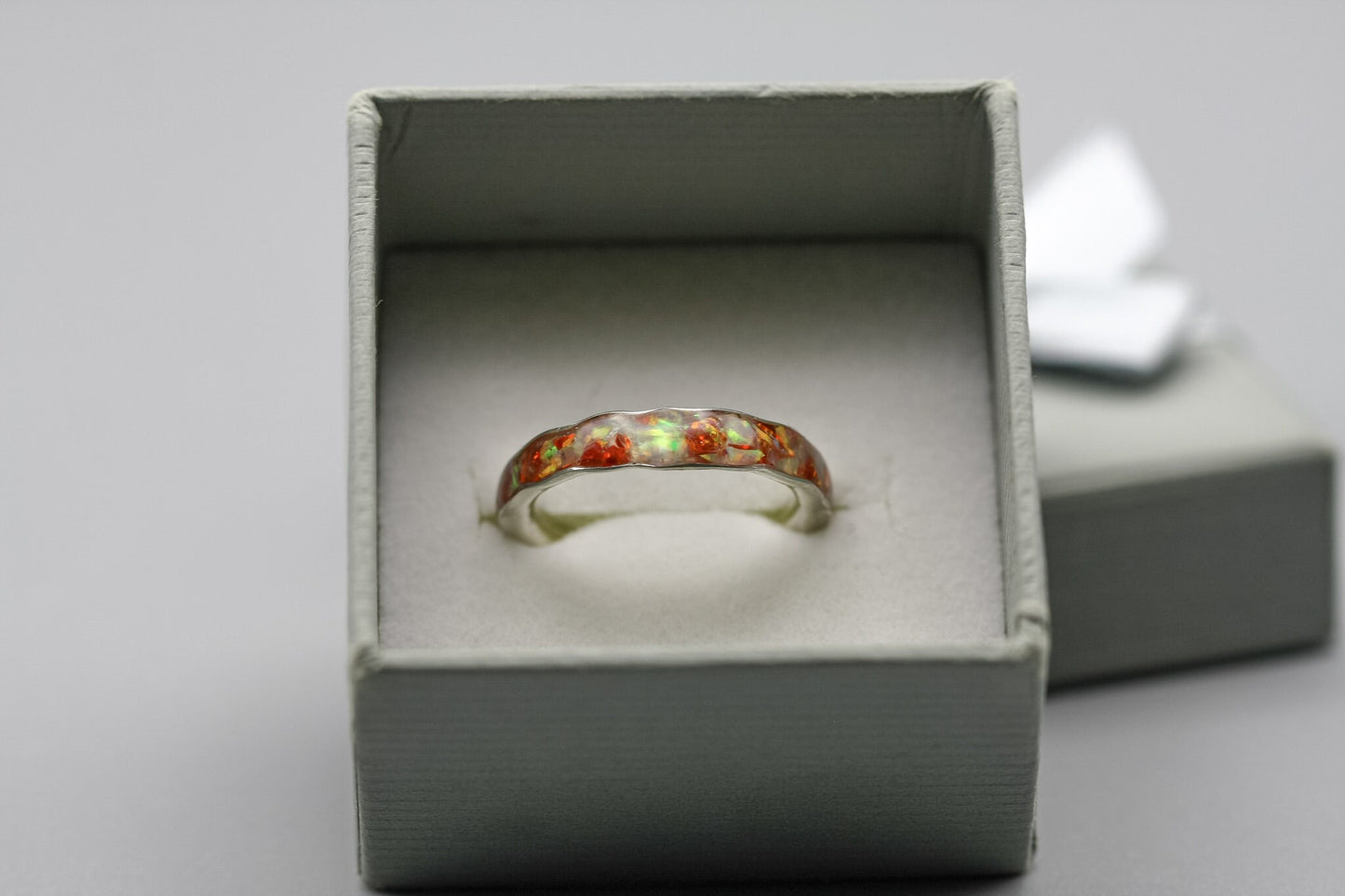 White and red opal ring, opal flake band, unique wedding rings