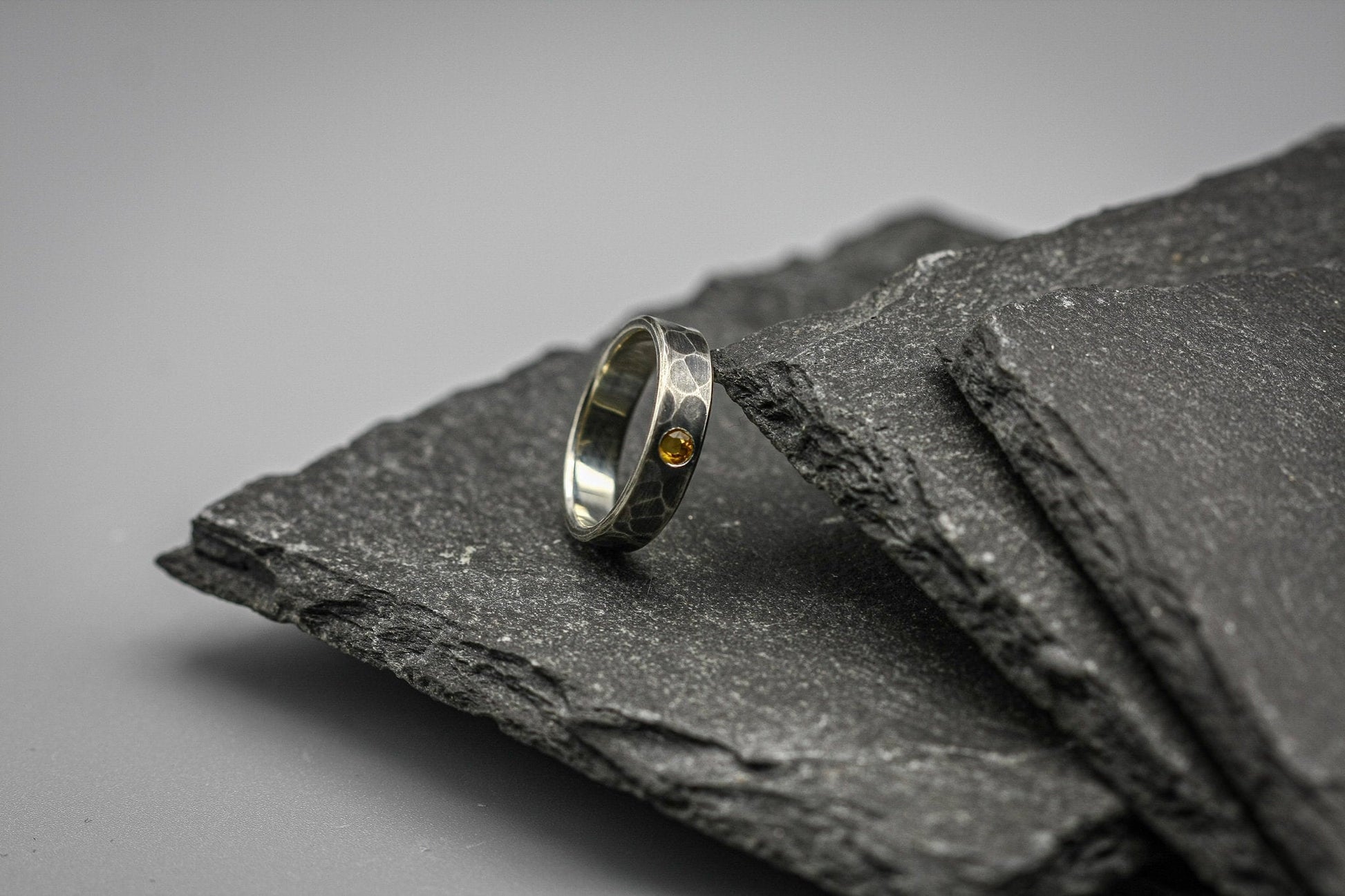 Sterling silver ring with citrine, hammered ring, unique wedding ring