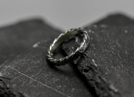 Hammered silver stacking ring, oxidised Viking band, thin Sterling ring