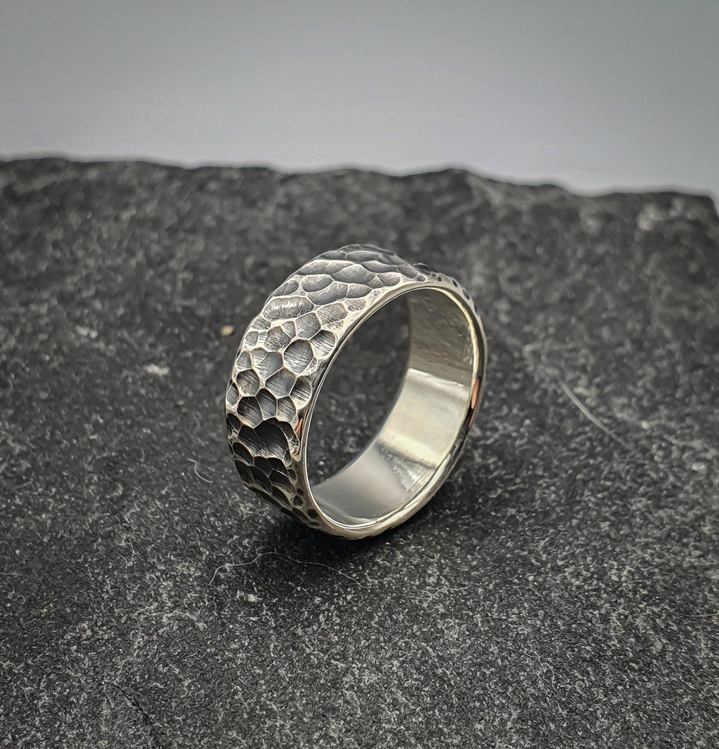 Hammered oxidized silver band, viking warrior ring