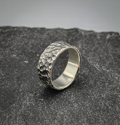 Hammered oxidized silver band, viking warrior ring