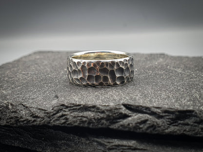 Hammered oxidized silver band, viking warrior ring