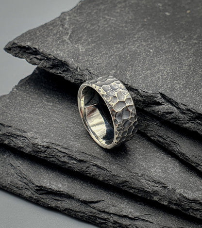 Hammered oxidized silver band, viking warrior ring