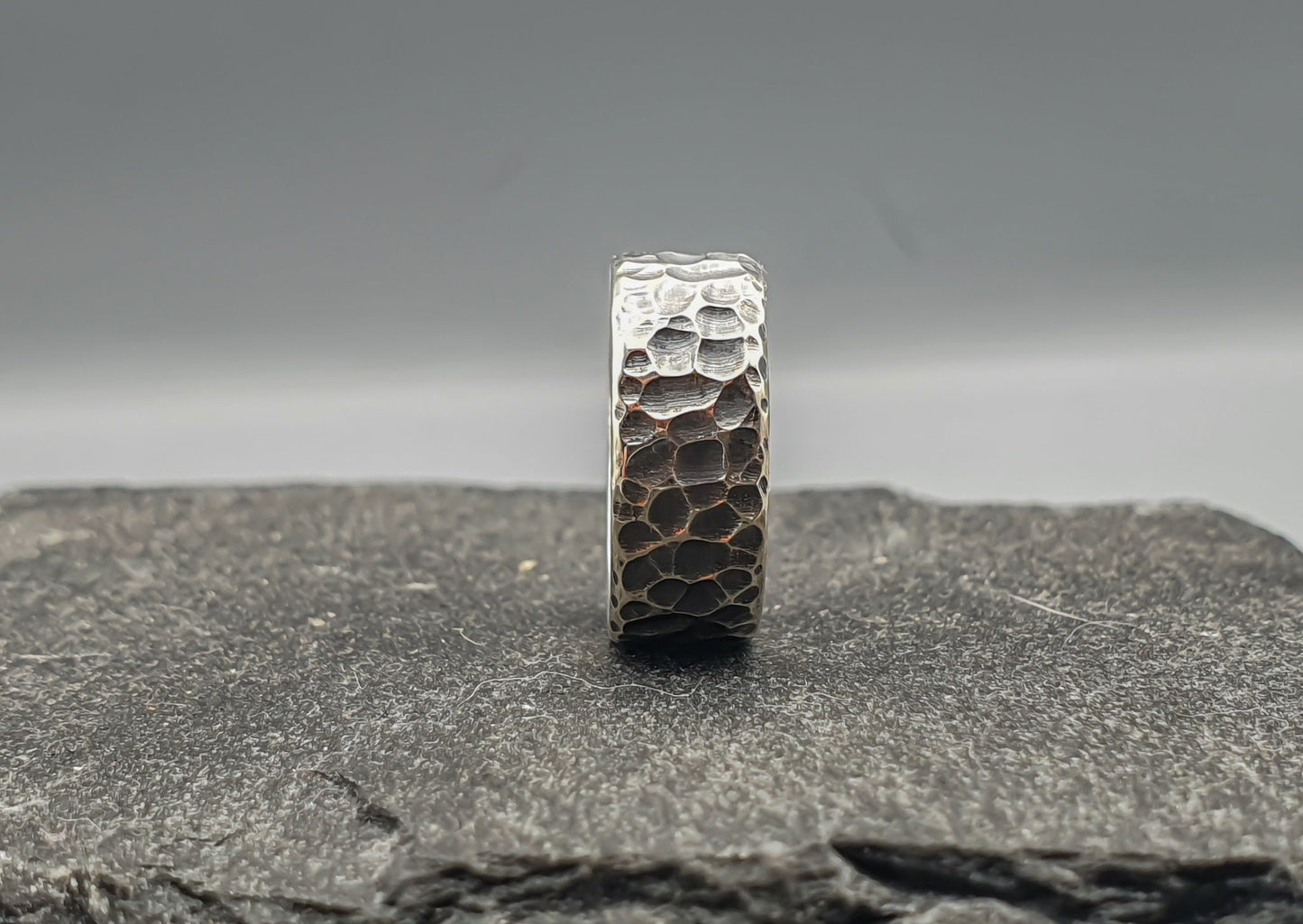 Hammered oxidized silver band, viking warrior ring