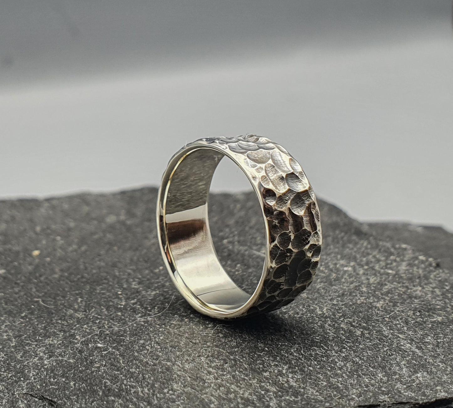 Hammered oxidized silver band, viking warrior ring