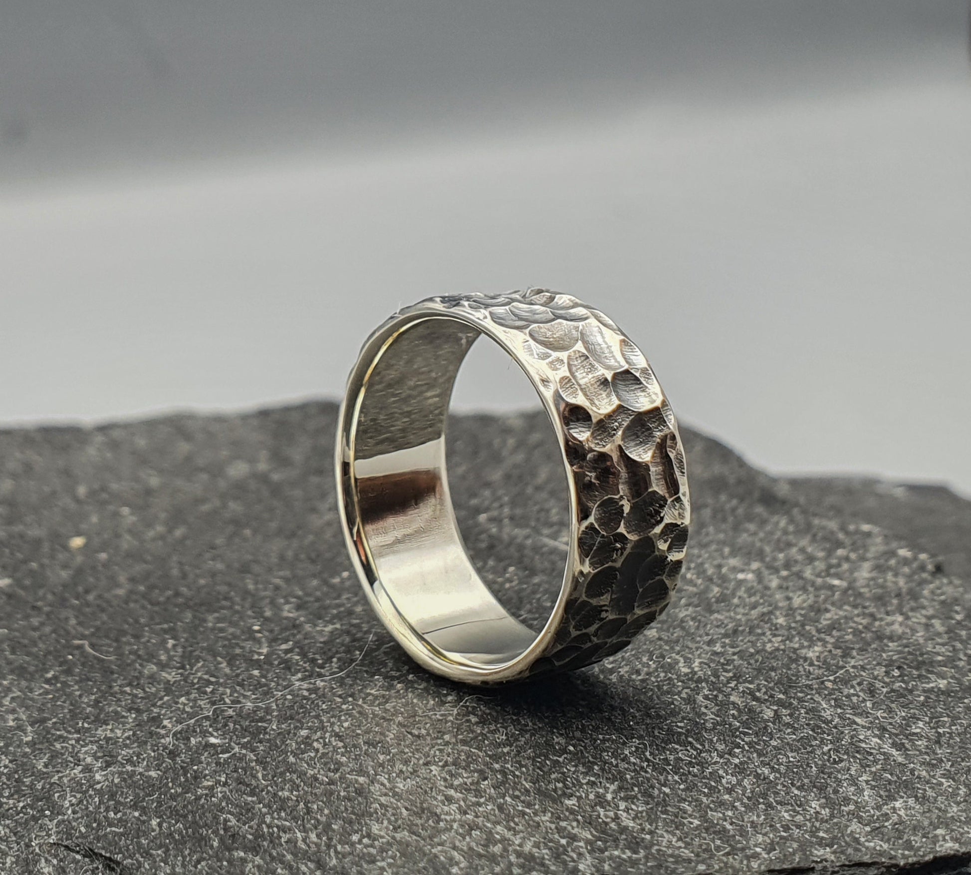 Hammered oxidized silver band, viking warrior ring