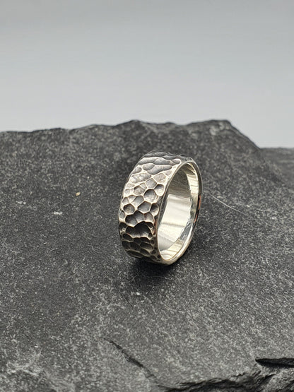 Hammered oxidized silver band, viking warrior ring