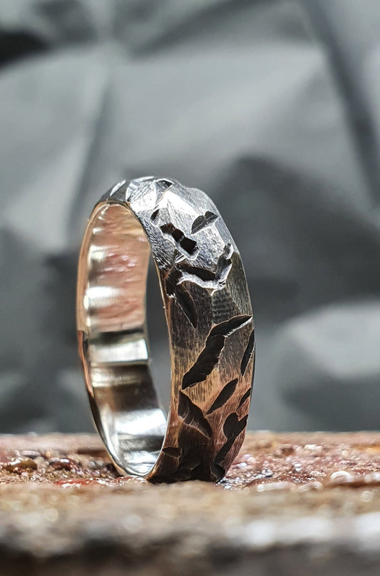 Viking ring, silver warrior band, hammered faceted textured ring