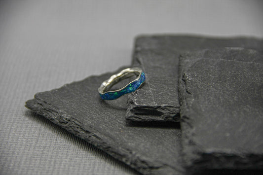 Opal inlay wave ring, blue crushed opal wedding ring, silver ring