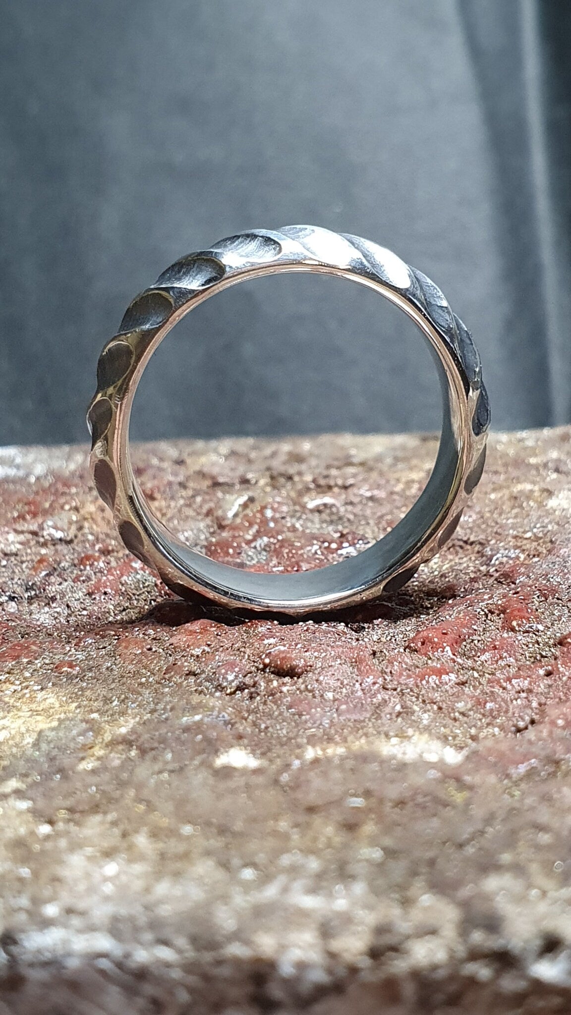 Hammered oxidized textured silver band, viking ring