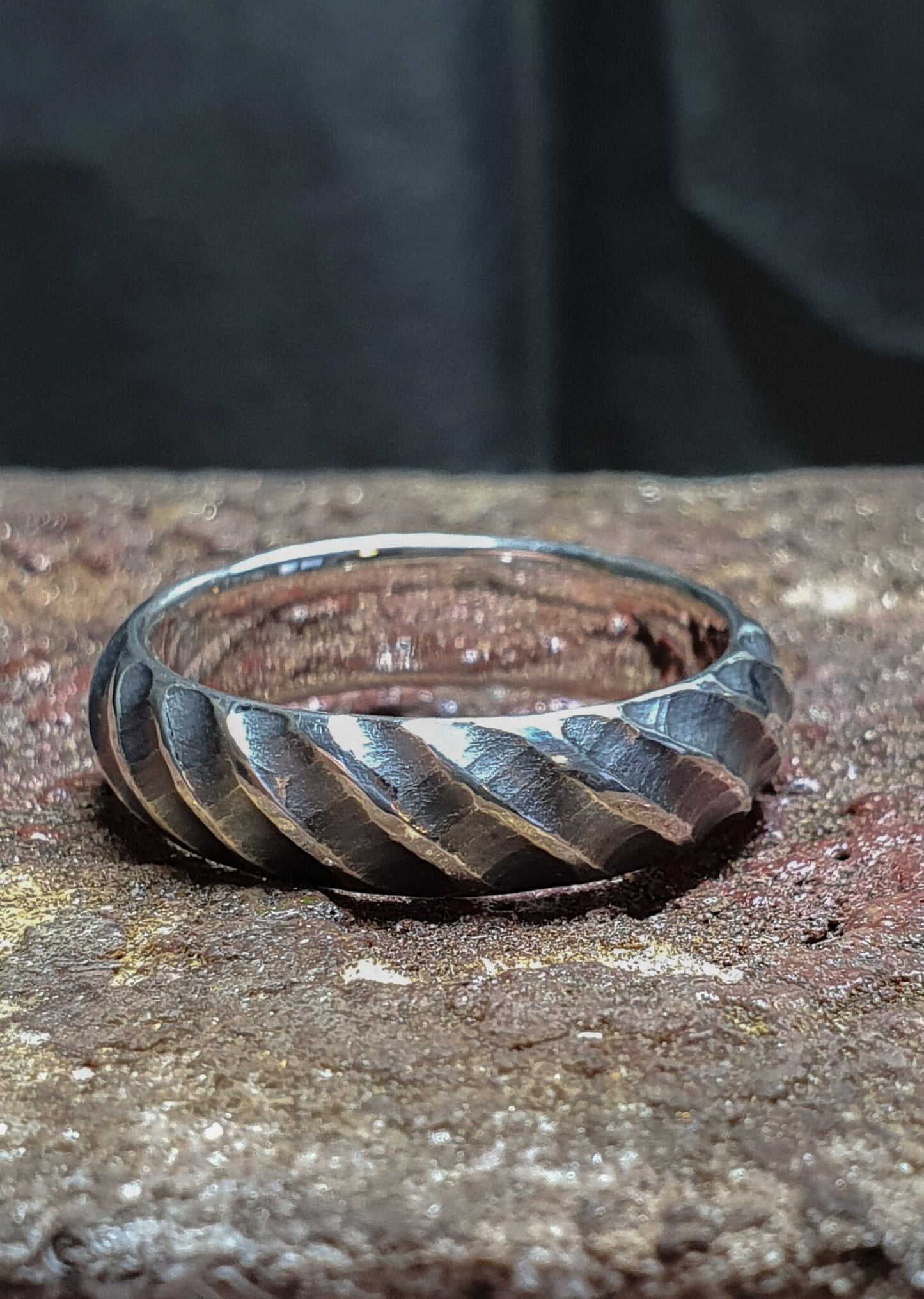 Hammered oxidized textured silver band, viking ring