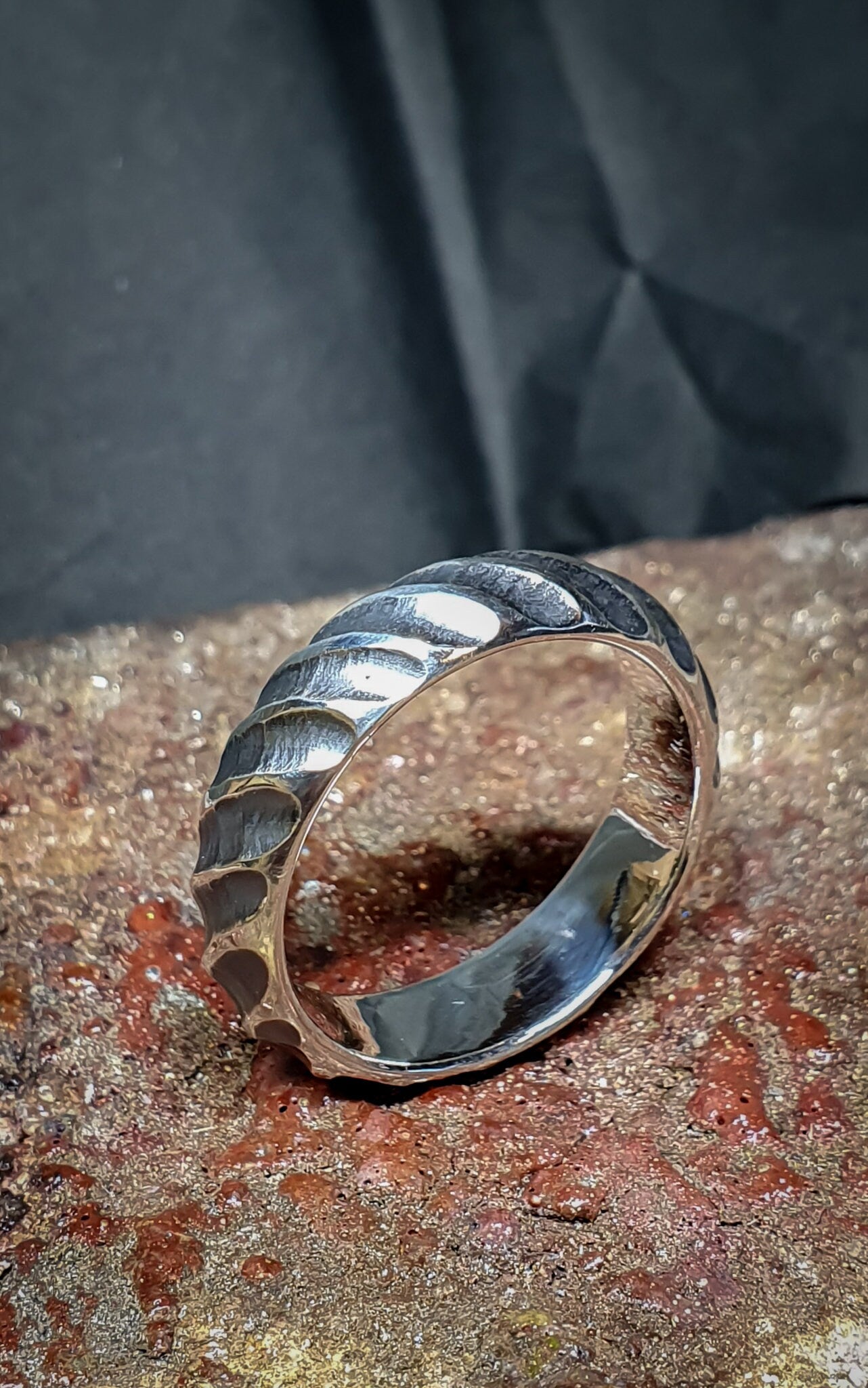 Hammered oxidized textured silver band, viking ring