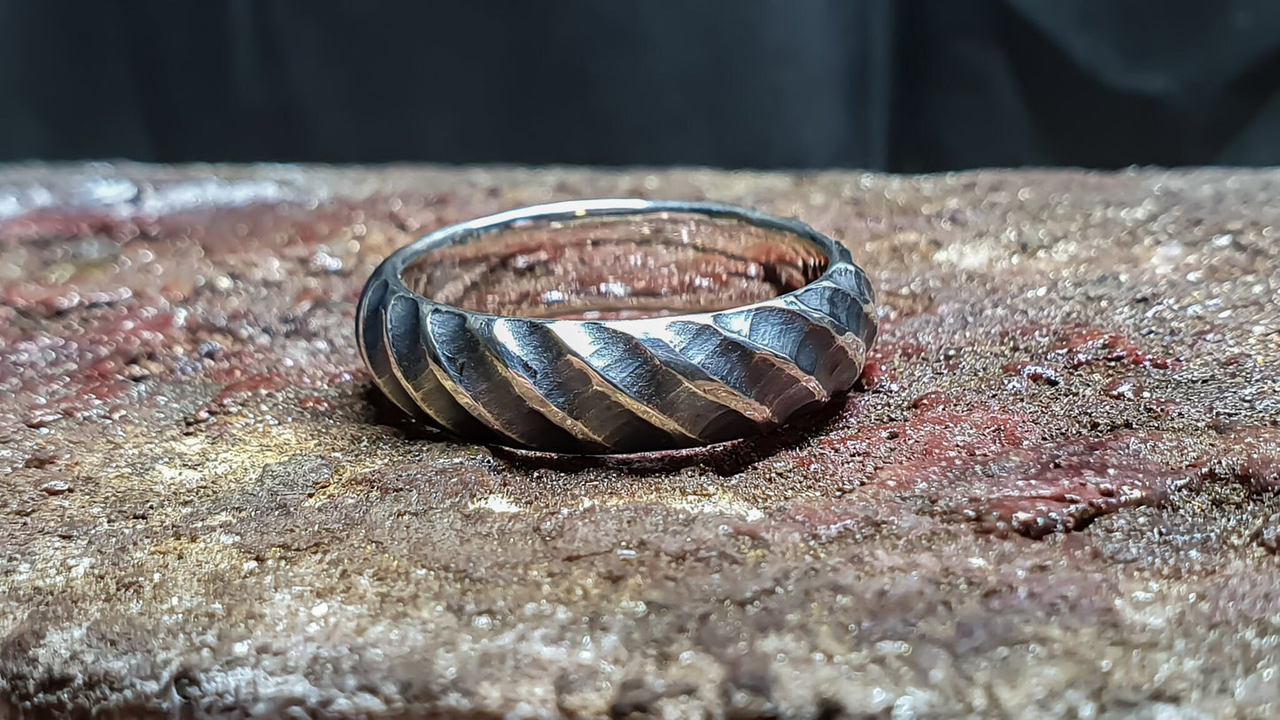 Hammered oxidized textured silver band, viking ring