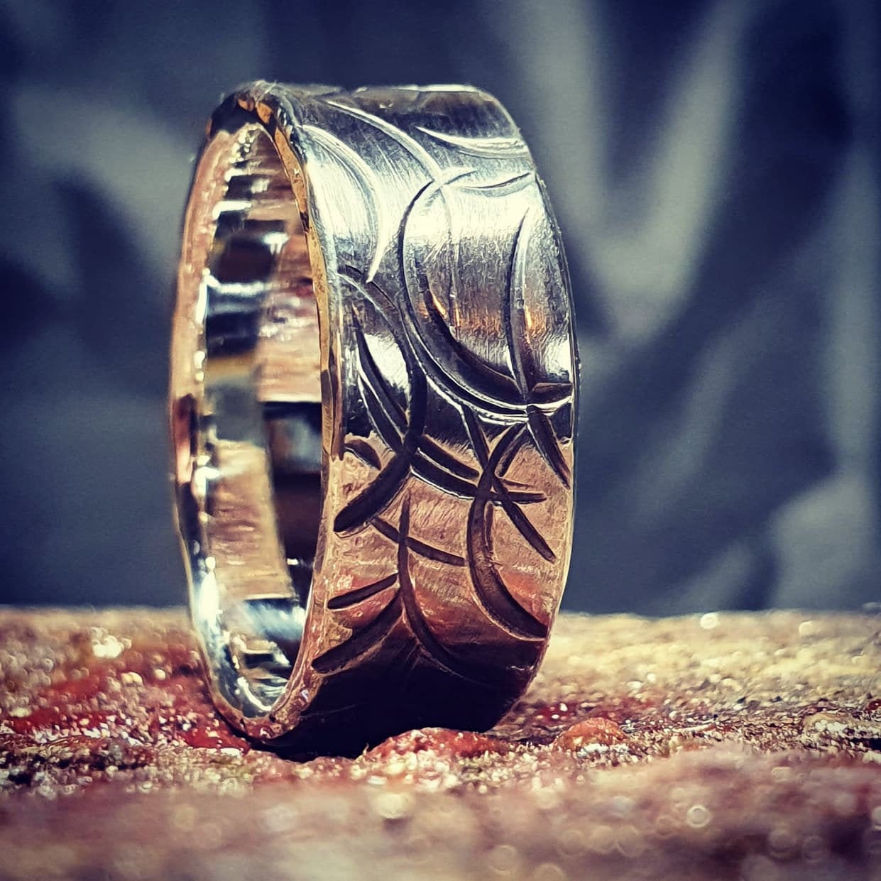 Hammered men ring, circle patterned ring, oxidised wedding ring