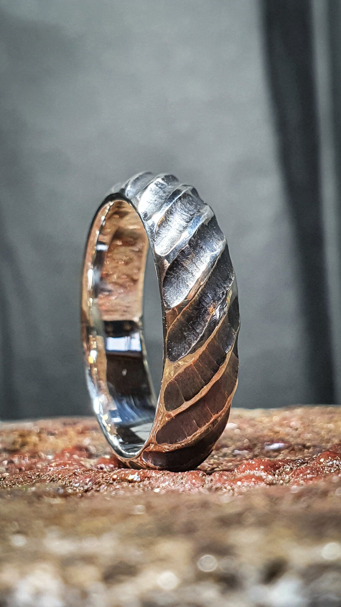 Hammered oxidized textured silver band, viking ring