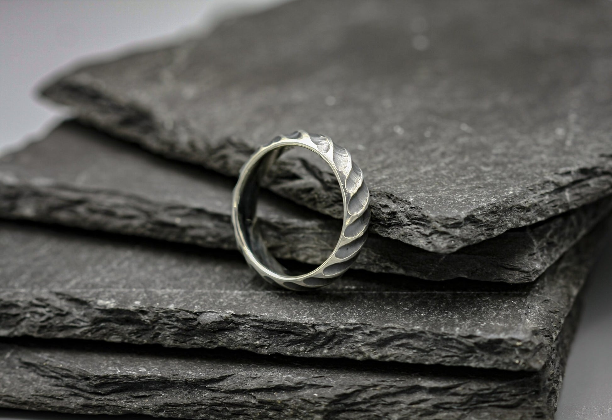 Hammered oxidized textured silver band, viking ring