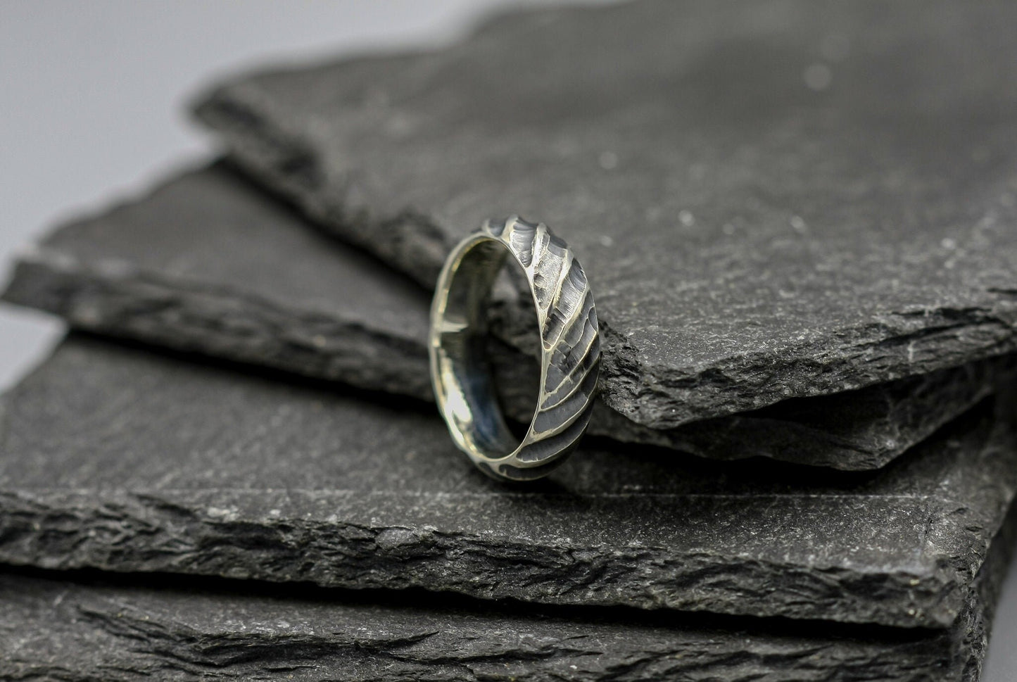 Hammered oxidized textured silver band, viking ring