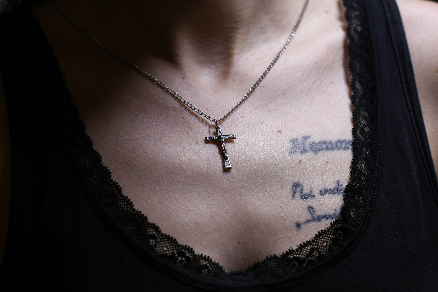 Sterling silver cross, religious Jesus Christ crucifix pendant.