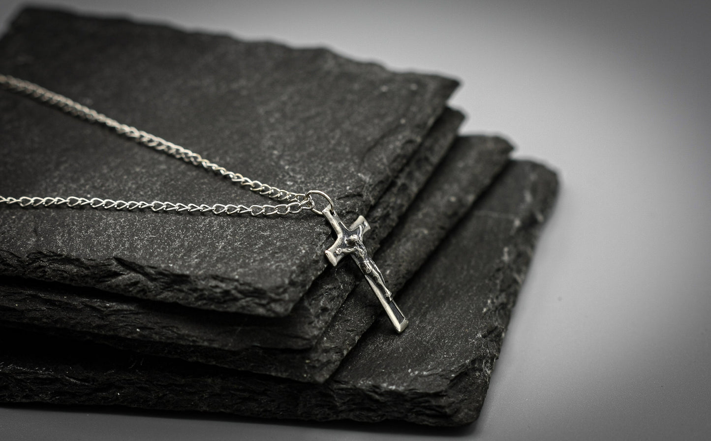 Sterling silver cross, religious Jesus Christ crucifix pendant.