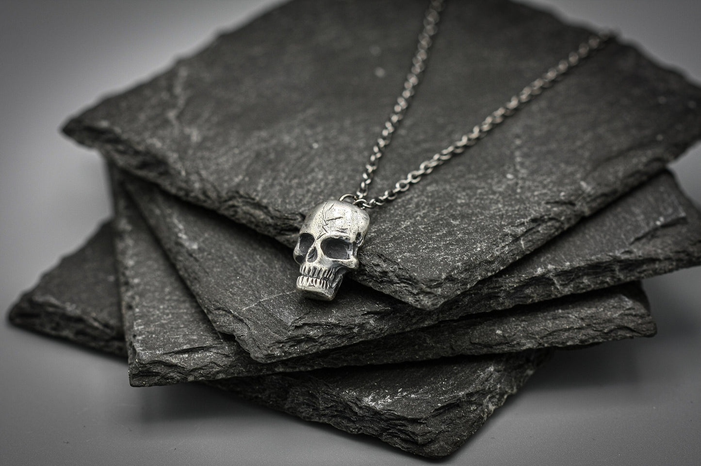 Sterling silver skull pendant, goth skull necklace