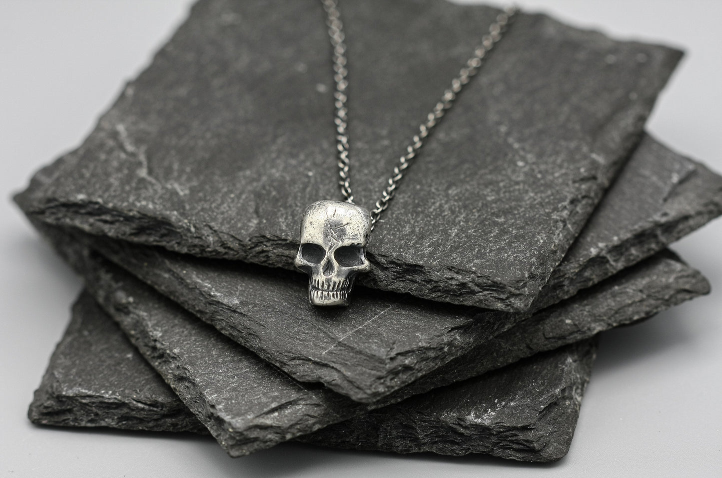 Sterling silver skull pendant, goth skull necklace