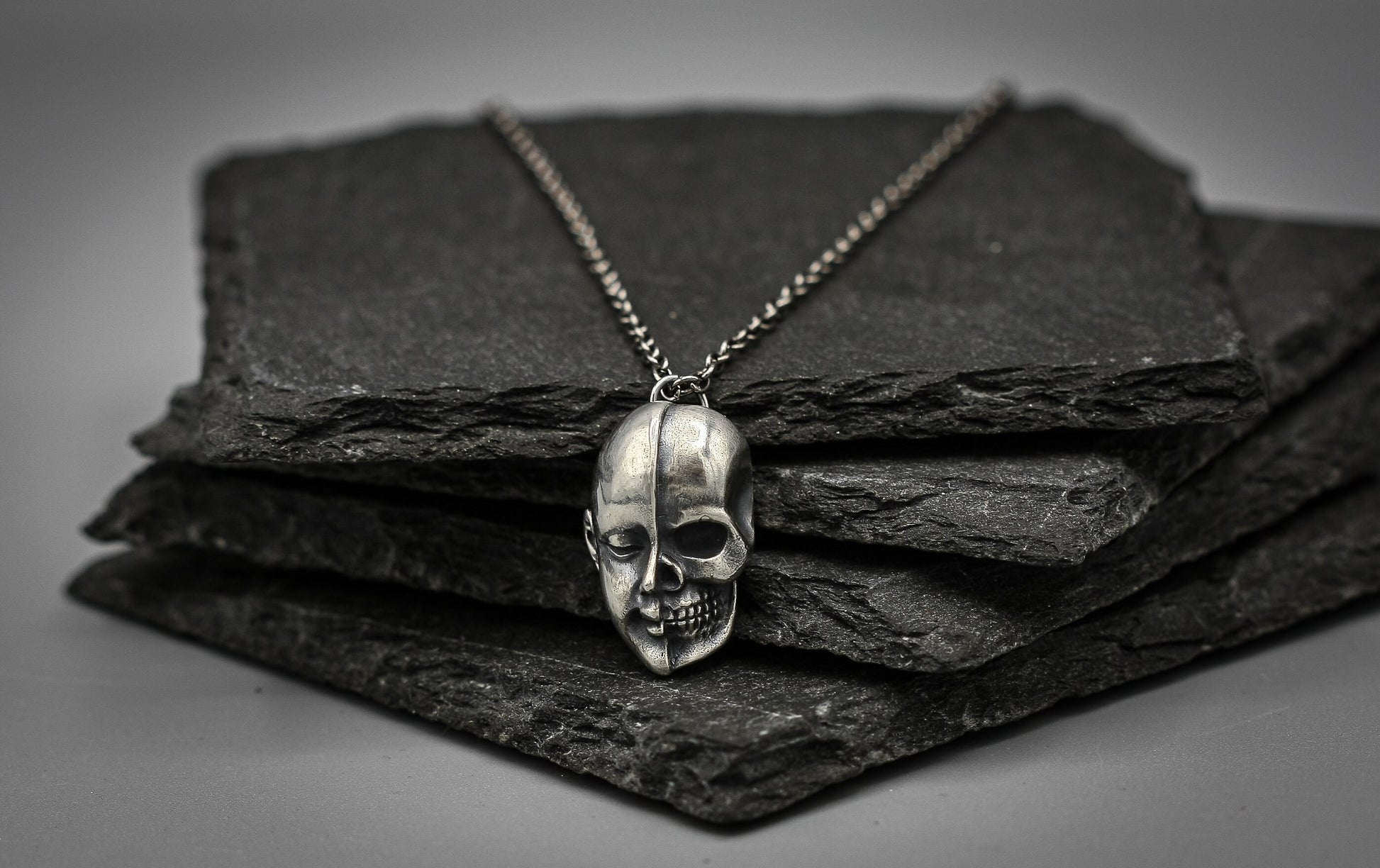 Silver Half Skull Half Face Pendant