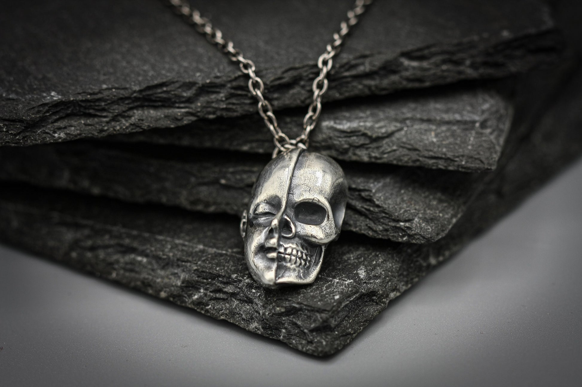 Silver Half Skull Half Face Pendant