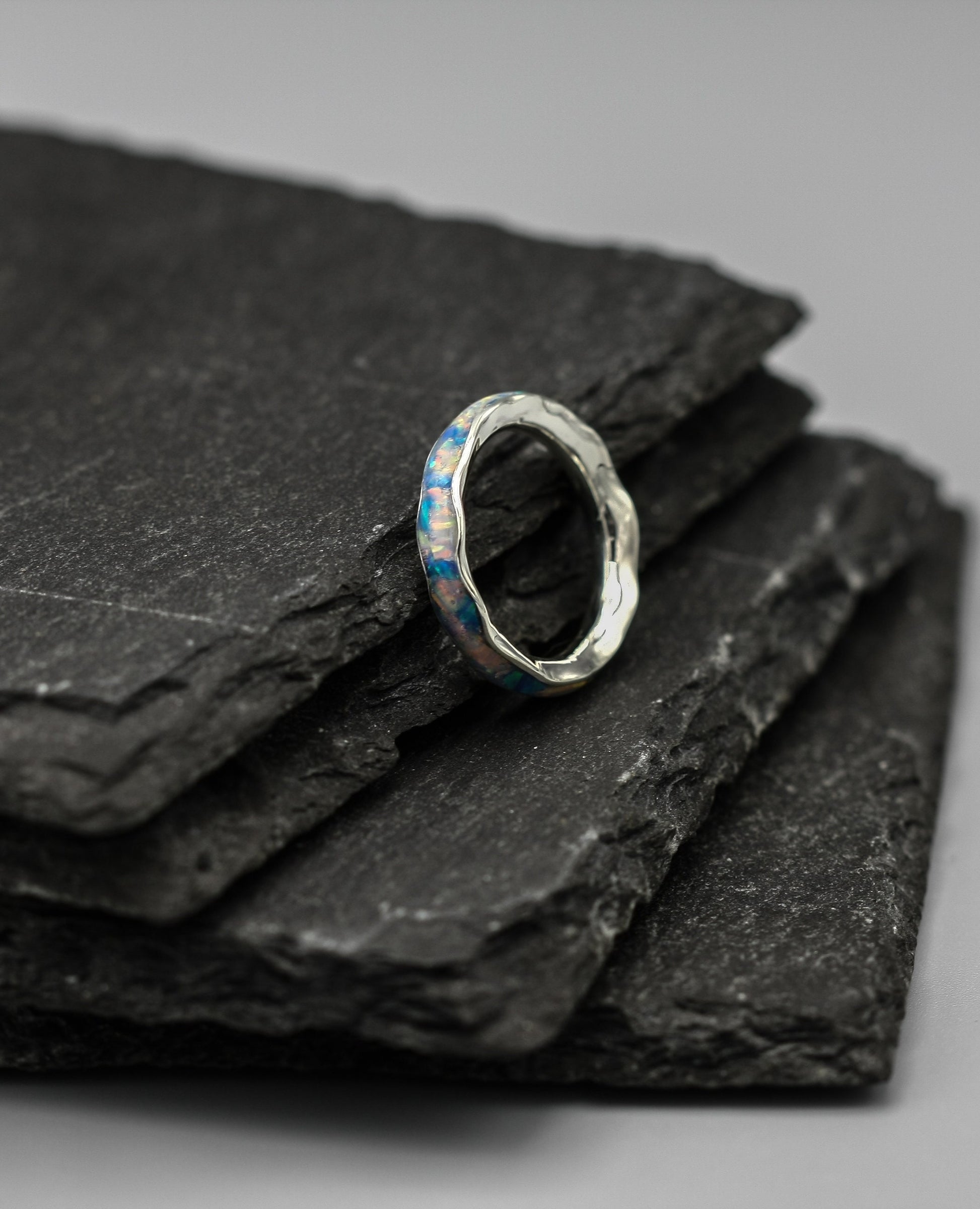 White opal, full inlay ring, blue opal flake band, unique women wedding ring