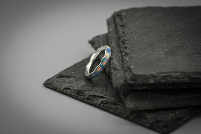 White opal, full inlay ring, blue opal flake band, unique women wedding ring