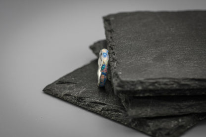 White opal, full inlay ring, blue opal flake band, unique women wedding ring