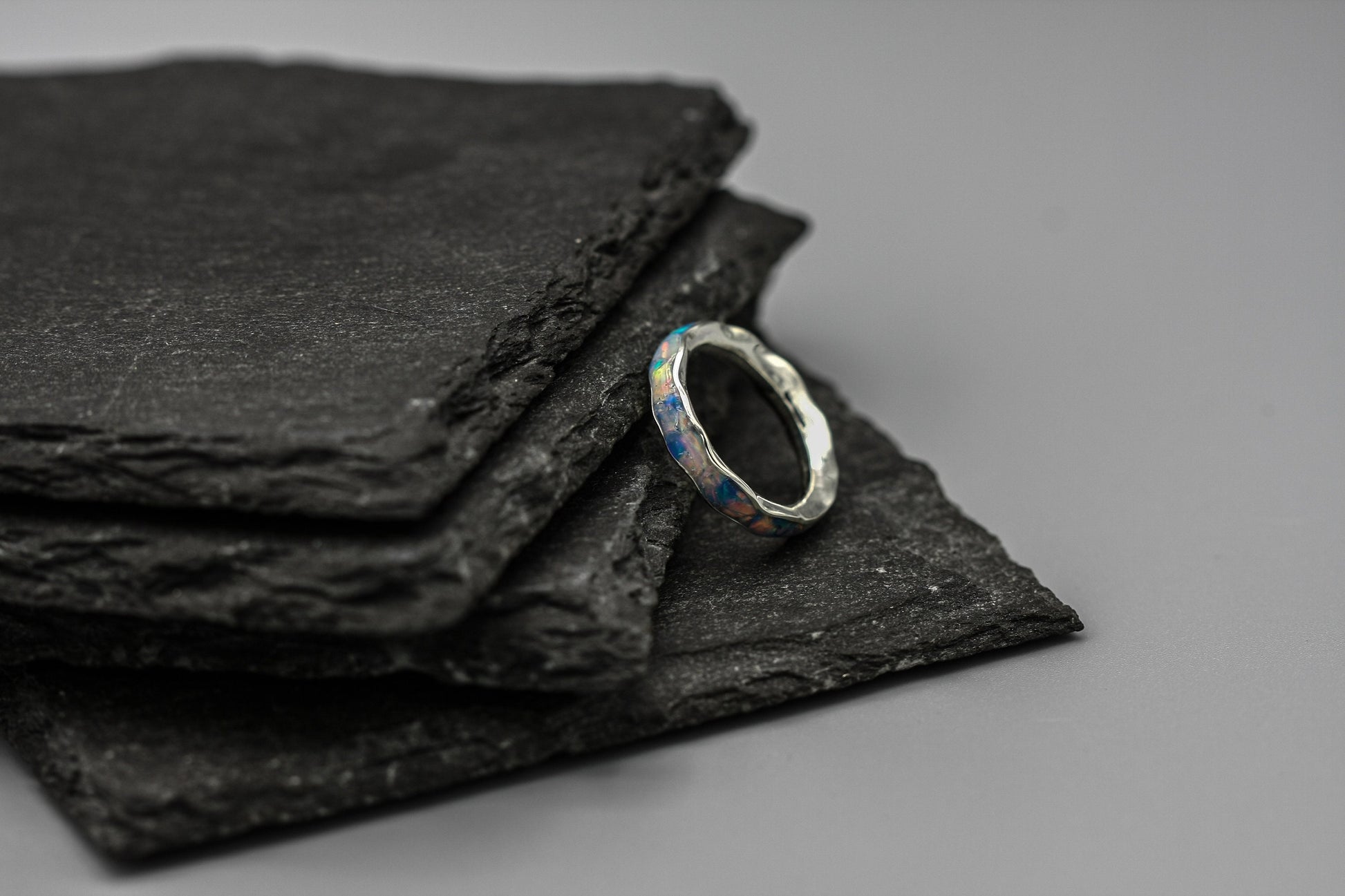 White opal, full inlay ring, blue opal flake band, unique women wedding ring