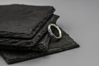 White opal, full inlay ring, blue opal flake band, unique women wedding ring