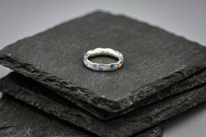 White opal, full inlay ring, blue opal flake band, unique women wedding ring