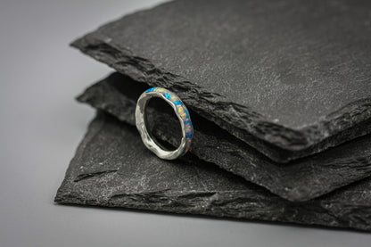 White opal, full inlay ring, blue opal flake band, unique women wedding ring