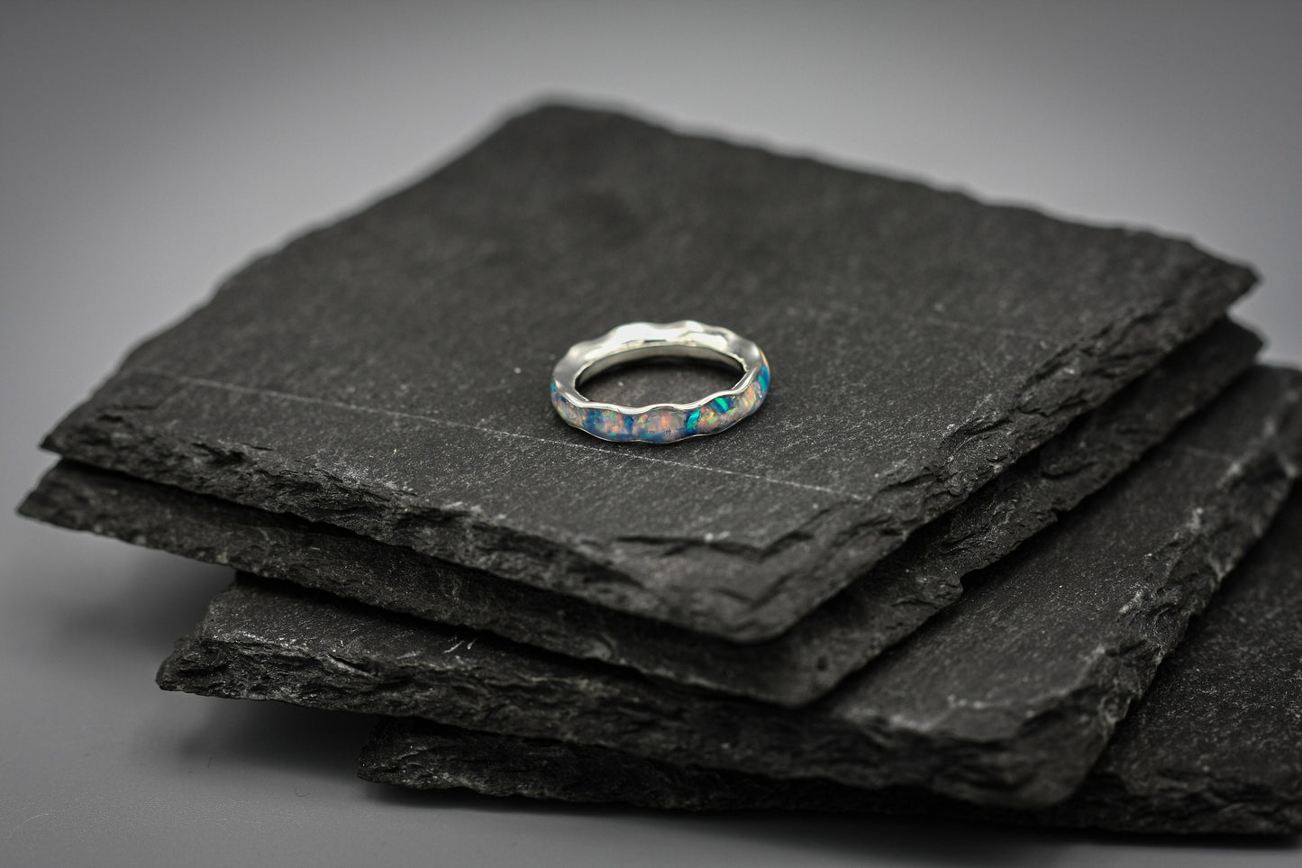 White opal, full inlay ring, blue opal flake band, unique women wedding ring