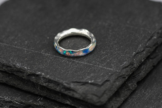 White opal, full inlay ring, blue opal flake band, unique women wedding ring