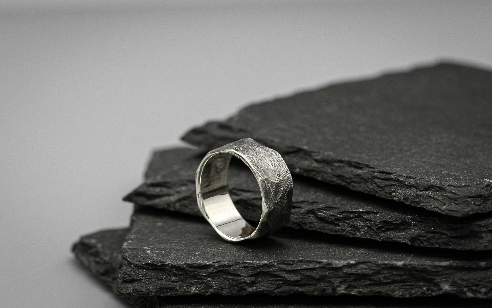 Rough Brutalist silver ring, wide viking warrior band