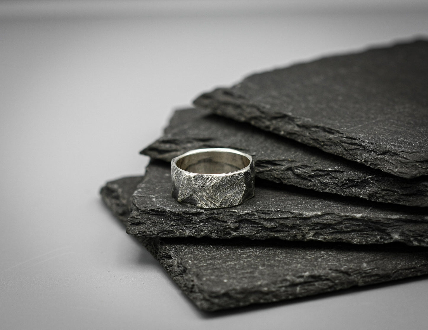 Rough Brutalist silver ring, wide viking warrior band